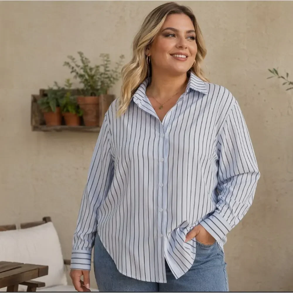 Women's Light Blue Striped Button Down Shirt Long Sleeve Hi-Low Hem Size XL